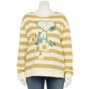 Peanuts Snoopy Flower Graphic Striped Yellow Sweatshirt Women's Plus Size 1X